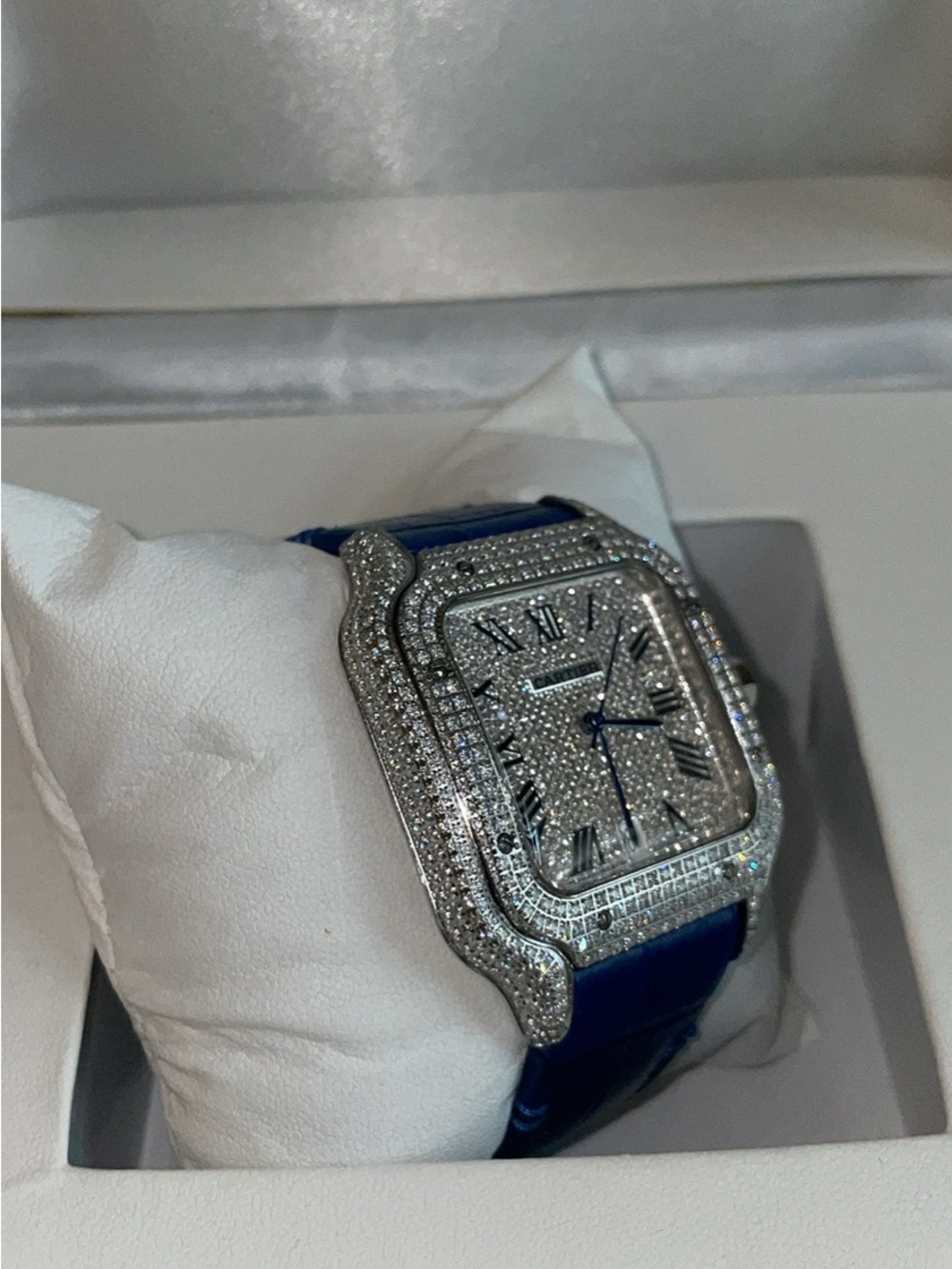 Iced out vvs mossinate Cartier Diamond Pavé Square Watch with Blue Strap - Picture 2 of 3